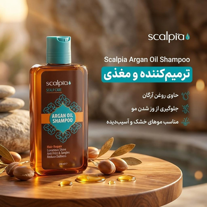 شامپو موی سر اسکالپیا مدل argan oil حجم 200 میلیلیتر، ترمیمکننده، تقویتکننده، مغذی، جلوگیری از وز شدن مو، مناسب انواع مو به ویژه خشک، آسیب دیده و رنگ شده