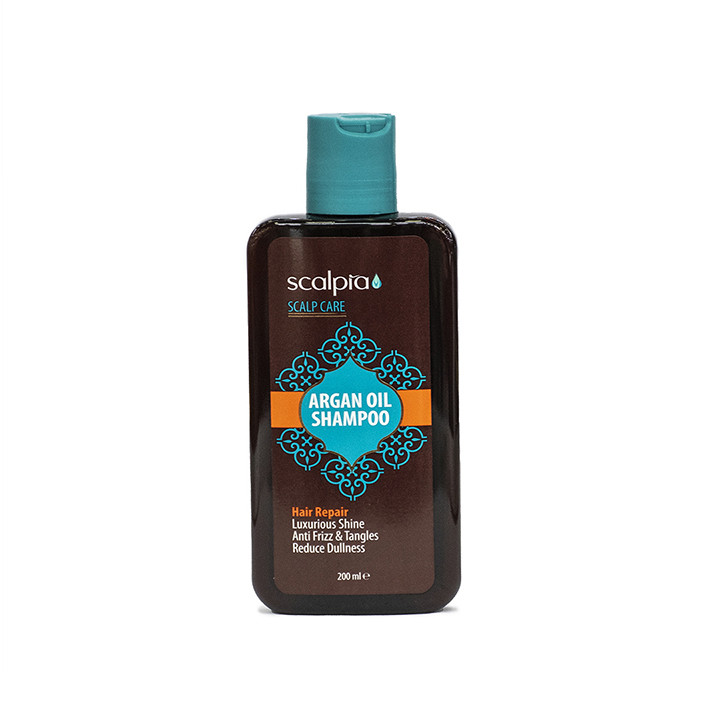 شامپو موی سر اسکالپیا مدل argan oil حجم 200 میلیلیتر، ترمیمکننده، تقویتکننده، مغذی، جلوگیری از وز شدن مو، مناسب انواع مو به ویژه خشک، آسیب دیده و رنگ شده