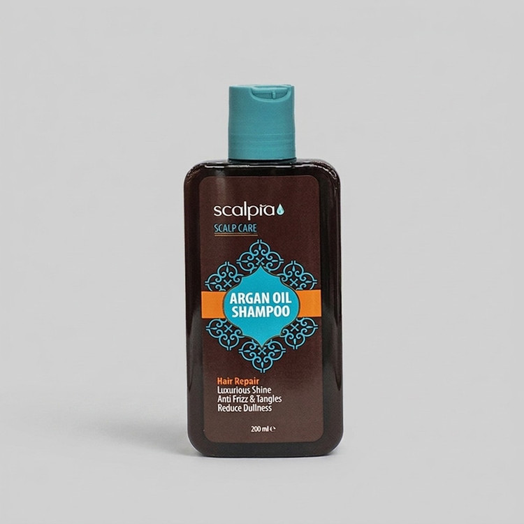 شامپو موی سر اسکالپیا مدل argan oil حجم 200 میلیلیتر، ترمیمکننده، تقویتکننده، مغذی، جلوگیری از وز شدن مو، مناسب انواع مو به ویژه خشک، آسیب دیده و رنگ شده