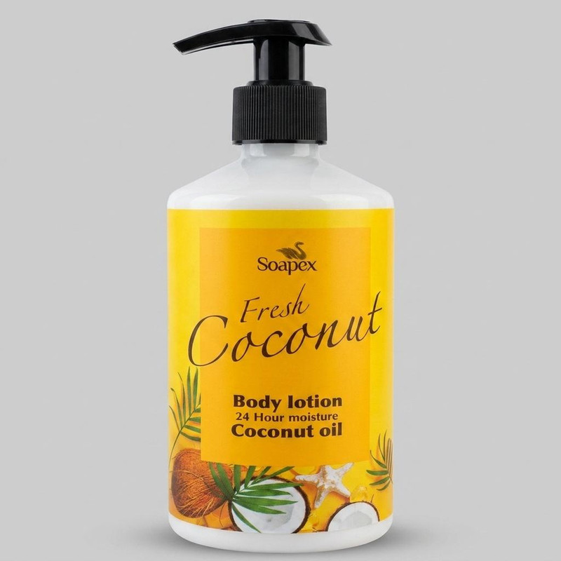 لوسیون بدن مرطوب‌کننده بانوان سوپکس مدل Coconut oil حجم 350 میلی‌لیتر با ترکیبات گلیسیرین و اوره و بسته‌بندی پمپی