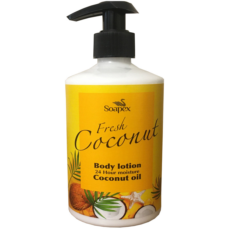 لوسیون بدن مرطوبکننده بانوان سوپکس مدل Coconut oil حجم 350 میلیلیتر با ترکیبات گلیسیرین و اوره و بستهبندی پمپی
