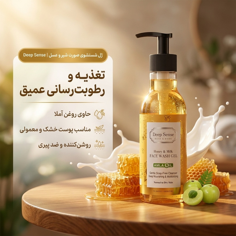 ژل شستشوی صورت دیپ سنس مدل شیر و عسل مناسب پوست های خشک و معمولی حجم 250 میلی لیتر