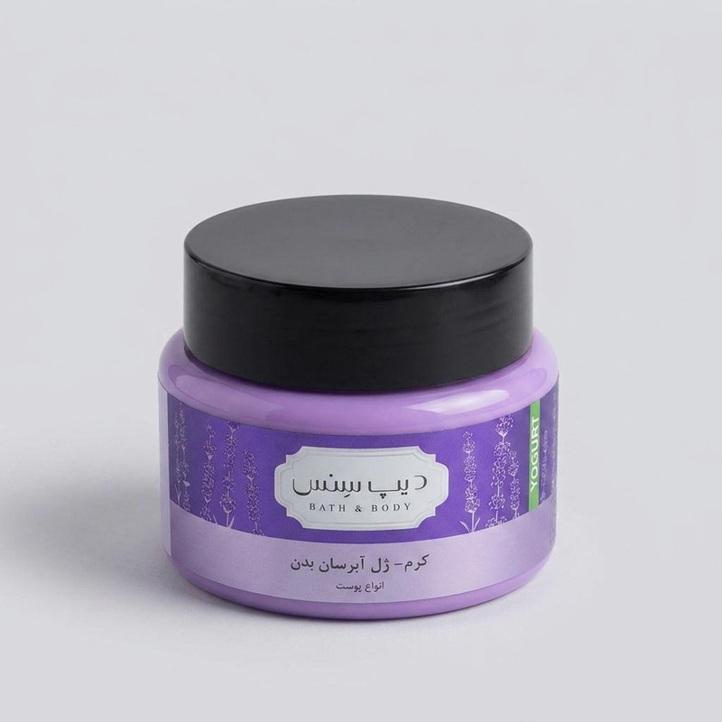 کرم ژل بدن دیپ سنس مدل لوندر حجم 250 میلی‌لیتر مناسب انواع پوست، حاوی کره کاکائو، روغن آملا و هیالورونیک اسید، آبرسان قوی، ضد خشکی، نرم‌کننده، جمع‌کننده منافذ و روشن‌کننده پوست