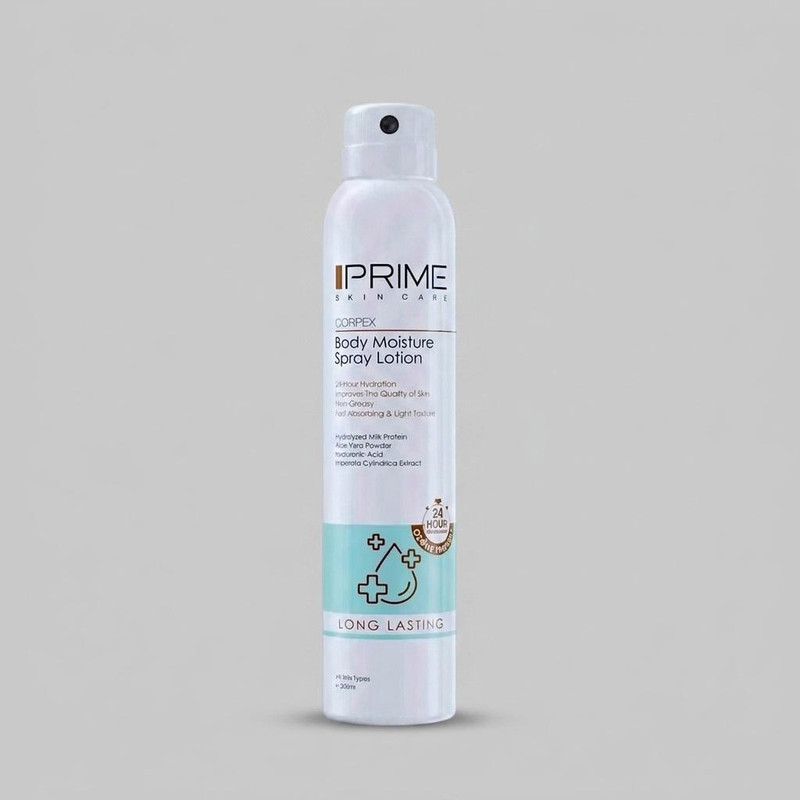 اسپری لوسیون آبرسان بدن پرایم مدل Long Lasting حجم 200 میلیلیتر با ماندگاری 24 ساعته، بافت غیرچرب، حاوی آلوئه ورا، عصاره شیر، سدیم هیالورونات و روغن نارگیل، نرمکننده و رفع خشکی پوست برای انواع پوست