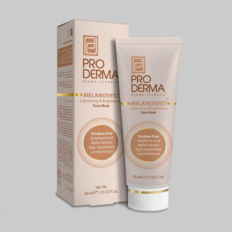 ماسک روشن‌کننده صورت پرودرما مدل Melanovest حجم 50 میلی‌لیتر، حاوی عصاره شیرین بیان و ویتامین C، مرطوب‌کننده و آنتی‌اکسیدان، مناسب پوست معمولی