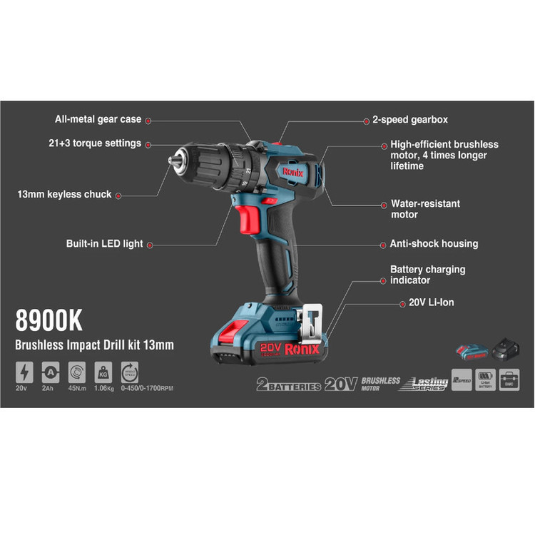 دریل پیچ گوشتی شارژی 20 ولت رونیکس مدل 8900K