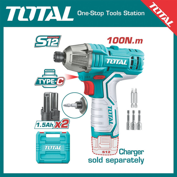 پیچ گوشتی شارژی ضربه ای 12 ولت توتال مدل TIRLI12015