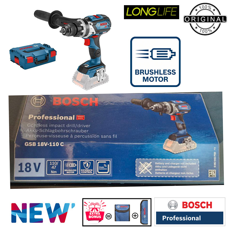 دریل پیچ گوشتی شارژی چکشی 18 ولت بوش مدل GSB 18V-110 C Extra (Without battery and charger)