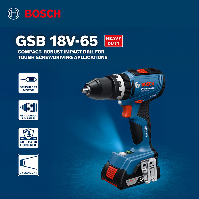 پیچ گوشتی شارژی چکشی 18 ولت بوش مدل فوق هوشمند کد GSB 18V-65 Brushless Motor