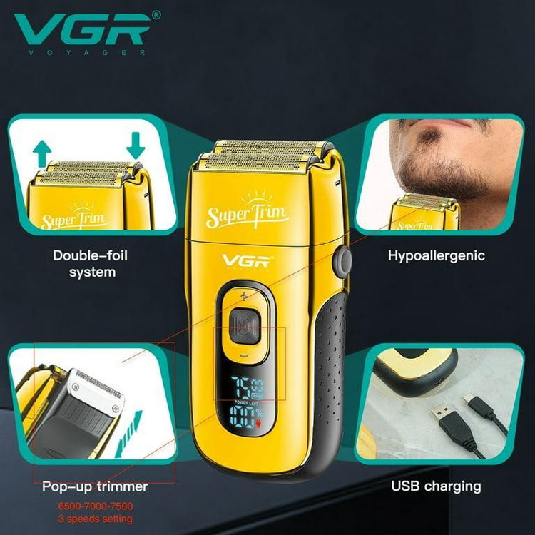 ماشین اصلاح موی صورت وی جی ار مدل V_332 با تکنولوژی برش چرخشی، باتری قابل شارژ 600mAh، قابلیت اصلاح با شماره صفر، تیغه استیل ضدزنگ و برس تمیزکننده همراه