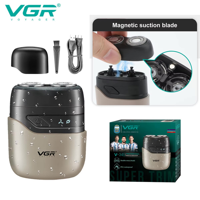 ماشین اصلاح موی صورت وی جی ار مدل v-345 با تیغه استیل ضد زنگ، صفرزن، ضدآب، طراحی ارگونومیک، شارژ سریع، باتری قابل شارژ، همراه با کابل USB، برس تمیزکننده و محافظ