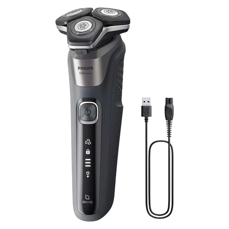 ماشین اصلاح موی صورت فیلیپس مدل SHAVER 5000 Series با تیغههای کربن استیل، سنسور هوشمند، سرهای انعطافپذیر 360 درجه، ضد آب، قابلیت اصلاح با شماره صفر، شارژ سریع و منبع انرژی کابل USB