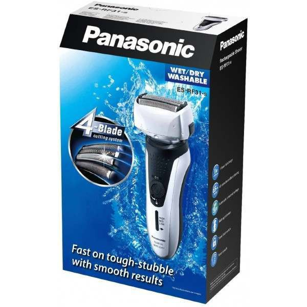 ماشین اصلاح موی صورت پاناسونیک مدل ES-RF31 با قابلیت اصلاح خشک و مرطوب، تنظیم خودکار سرعت موتور، چهار تیغه، حرکت سری در چند جهت، تیغه از آلیاژ نقره و استیل ضد زنگ، باتری قابل شارژ، مقاوم در برابر آب و لغزش