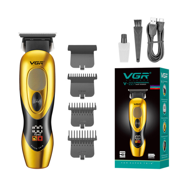 ماشین اصلاح موی سر و صورت وی جی ار مدل V-227 با تیغههای سرامیک ضد التهاب، باتری لیتیوم یونی 2000 میلیآمپر ساعت، نمایشگر میزان شارژ و طراحی ارگونومیک مقاوم در برابر ضربه