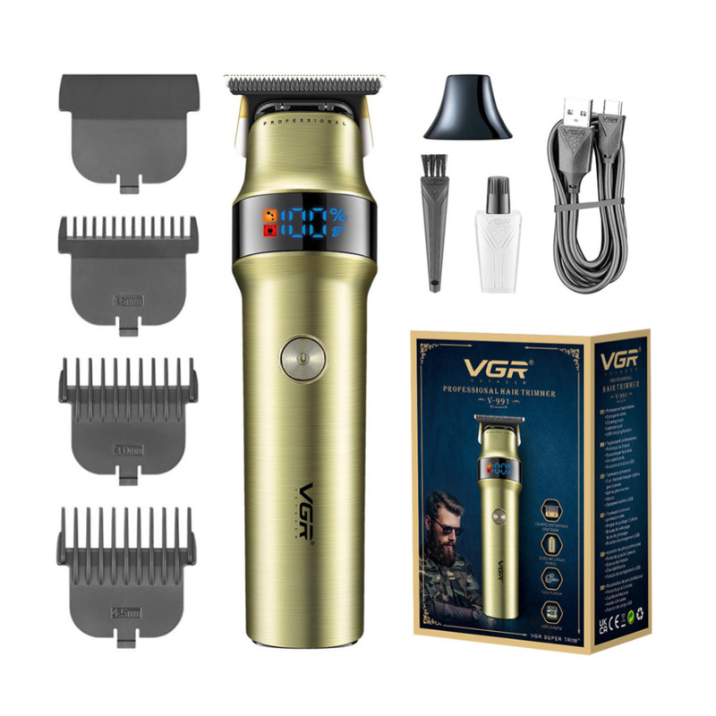 ماشین اصلاح موی سر و صورت وی جی ار مدل V-991 با تیغه سرامیک و استیل ضد زنگ، قابلیت اصلاح با شماره صفر، نمایش وضعیت باتری، عملکرد توربو، طراحی ارگونومیک، باتری 2000 میلیآمپر، شارژ با کابل USB، سه عدد شانه، دور موتور 7000 RPM