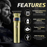 ماشین اصلاح موی سر و صورت وی جی ار مدل V-991 با تیغه سرامیک و استیل ضد زنگ، قابلیت اصلاح با شماره صفر، نمایش وضعیت باتری، عملکرد توربو، طراحی ارگونومیک، باتری 2000 میلیآمپر، شارژ با کابل USB، سه عدد شانه، دور موتور 7000 RPM