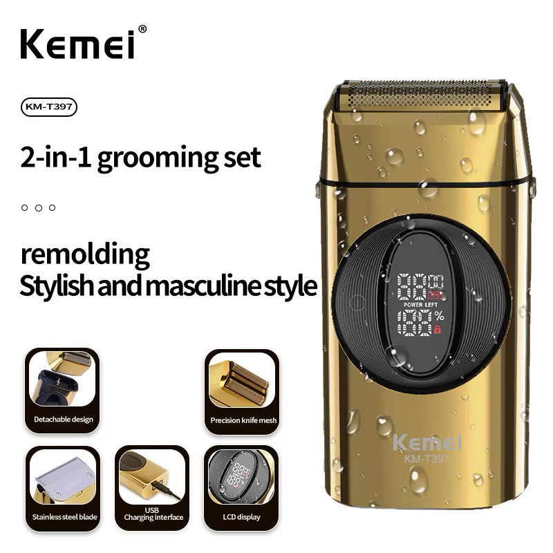 ماشین اصلاح موی صورت شارژی کیمی مدل KM-T397 با تیغه استیل ضد زنگ، ضد التهاب، قابلیت اصلاح صفر و شانههای 3، 6، 9 و 12 میلیمتر، تنظیم سرعت در سه حالت، باتری لیتیوم یون با ظرفیت 1400 میلیآمپر ساعت، مقاوم در برابر آب و طراحی ارگونومیک