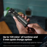 ماشین اصلاح موی صورت فیلیپس مدل MG7920 با باتری 1200 میلیآمپر، تیغه تریم، ضد آب و قابل استفاده زیر دوش، شارژ سریع USB و طراحی ارگونومیک با شانه قابل تنظیم دستی
