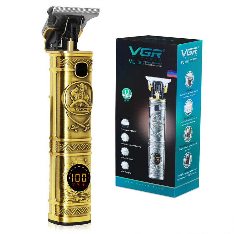 ماشین اصلاح موی صورت وی جی ار مدل V-097 با تیغه استیل ضد زنگ، موتور 6500 دور در دقیقه، قابلیت تنظیم سرعت، عملکرد توربو، نمایش وضعیت باتری و سه عدد شانه در سایزهای 1، 2 و 3 میلیمتر