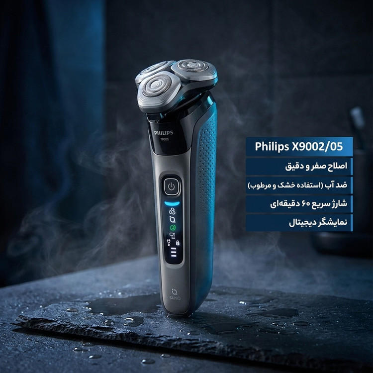 ماشین اصلاح موی صورت شارژی فیلیپس مدل X9002/05 با تیغه استیل ضد زنگ، ضد آب و قابل استفاده خشک و مرطوب، طراحی ارگونومیک، باتری لیتیوم یون با شارژ سریع 60 دقیقه، نمایشگر میزان شارژ و قابلیت اصلاح با شماره صفر