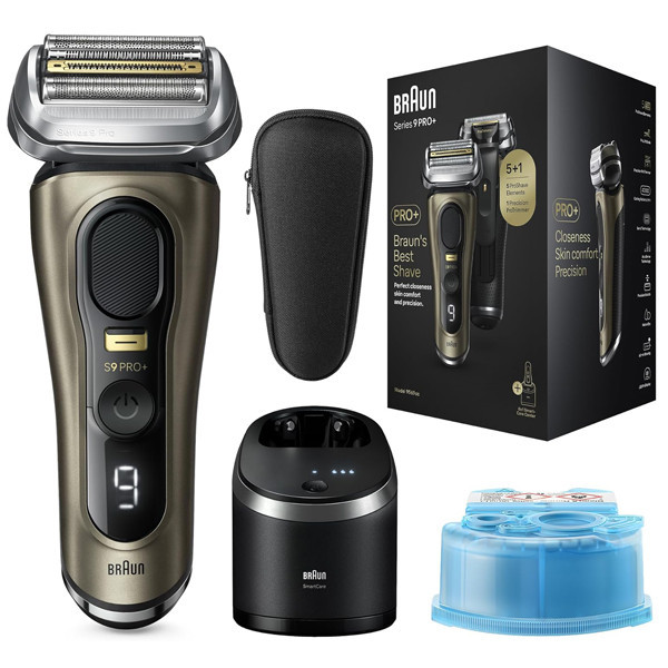 ماشین اصلاح موی صورت شارژی براون مدل 9569cc 9PRO Plus با تیغه تیتانیوم پیشرفته، ضد آب، استفاده خشک و مرطوب، اصلاح صفر، نمایشگر میزان شارژ، سنسور تشخیص تراکم مو، خط زن حرفهای، پایه شستشو ۶ کاره و کیف همراه