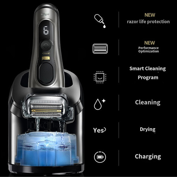 ماشین اصلاح موی صورت شارژی براون مدل 9569cc 9PRO Plus با تیغه تیتانیوم پیشرفته، ضد آب، استفاده خشک و مرطوب، اصلاح صفر، نمایشگر میزان شارژ، سنسور تشخیص تراکم مو، خط زن حرفهای، پایه شستشو ۶ کاره و کیف همراه
