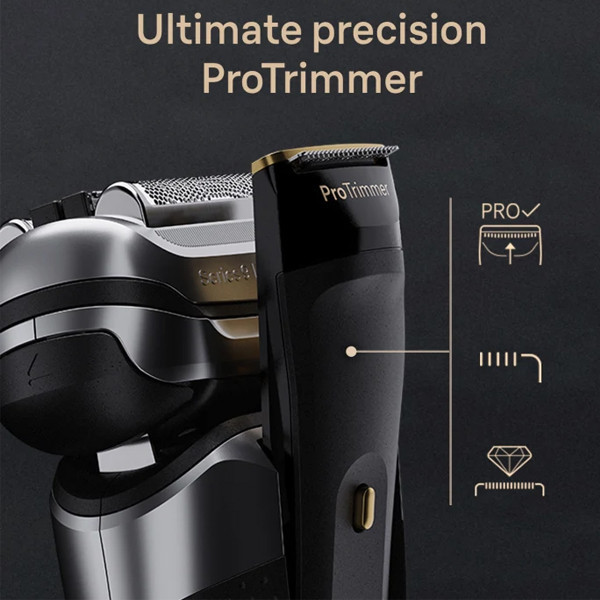 ماشین اصلاح موی صورت شارژی براون مدل 9569cc 9PRO Plus با تیغه تیتانیوم پیشرفته، ضد آب، استفاده خشک و مرطوب، اصلاح صفر، نمایشگر میزان شارژ، سنسور تشخیص تراکم مو، خط زن حرفهای، پایه شستشو ۶ کاره و کیف همراه