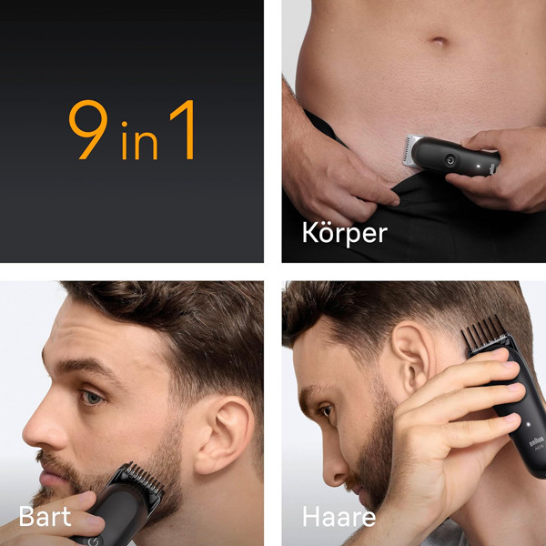 ماشین اصلاح موی صورت و بدن شارژی براون مدل AIO5540 با تیغه استیل پیشرفته، ضد آب، استفاده خشک و مرطوب، شارژ سریع 5 دقیقهای، مدت استفاده 120 دقیقه، شانه متحرک 0.5 تا 21 میلیمتر