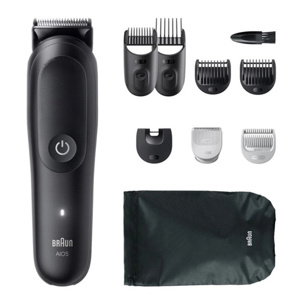 ماشین اصلاح موی صورت و بدن شارژی براون مدل AIO5540 با تیغه استیل پیشرفته، ضد آب، استفاده خشک و مرطوب، شارژ سریع 5 دقیقهای، مدت استفاده 120 دقیقه، شانه متحرک 0.5 تا 21 میلیمتر