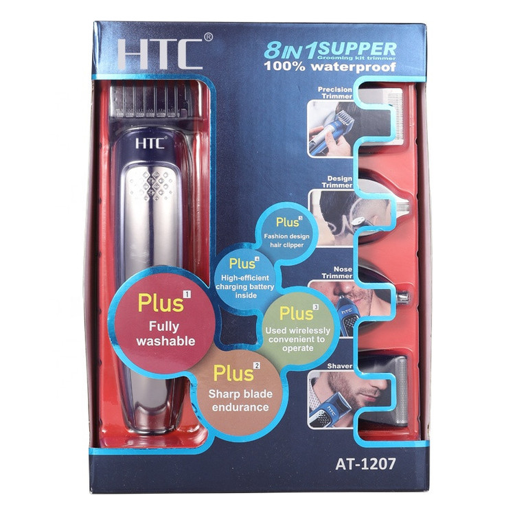 ست ماشین اصلاح موی صورت و بدن HTC مدل AT1207 با تیغه تیتانیوم پیشرفته، باتری لیتیوم یون، شارژ USB، طراحی ارگونومیک، شانه قابل تنظیم، مدت استفاده 60 دقیقه پس از شارژ 240 دقیقه
