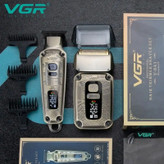 ماشین اصلاح موی سر و صورت وی جی ار مدل V-641 با تیغه استیل ضد زنگ و پیشرفته، نحوه اصلاح فویلی، قابلیت اصلاح با شماره صفر، تنظیم سرعت، نمایش وضعیت باتری، طراحی ارگونومیک، منبع انرژی برق و باتری مجموعه 2 عددی