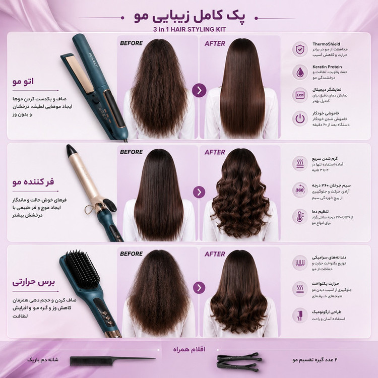 اتو مو حرفه ای رومئو مدل RM-5550 به همراه برس حرارتی و فر کننده مو مجموعه سه عددی