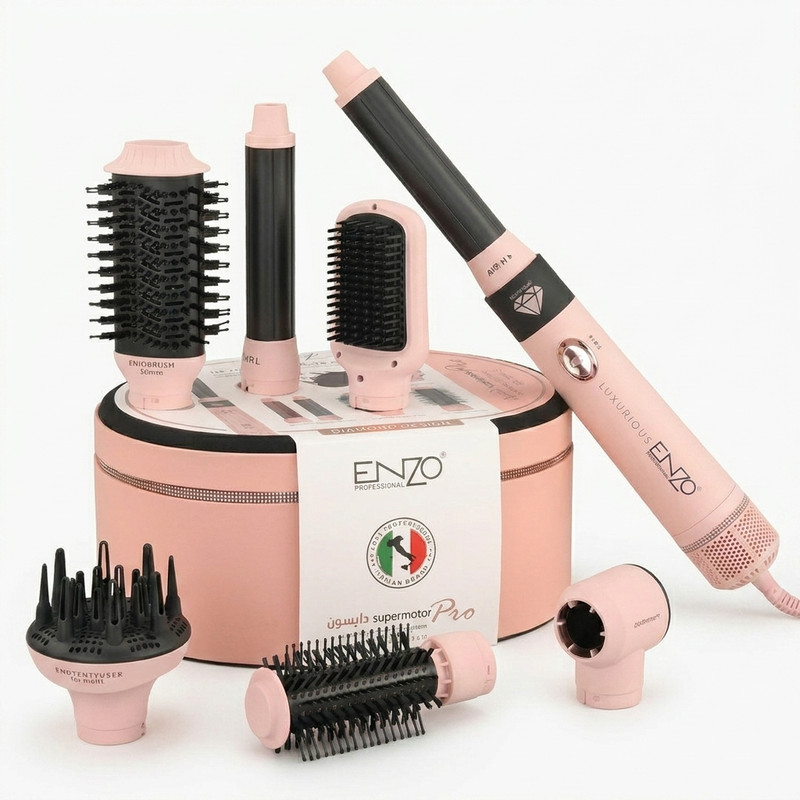 سشوار برس‌دار حالت‌دهنده انزو پروفیشینال مدل EN-4133pro با توان 1500 وات، موتور DC، فناوری تولید یون، تنظیم دما سه حالته، تنظیم سرعت دو سرعته، قابلیت باد سرد، سری قابل تعویض، کاهش وز مو، مناسب استفاده خانگی و حرفه‌ای