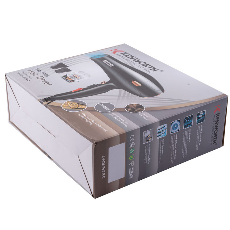 سشوار حرفهای کنورث مدل KW-9040 با موتور AC قدرتمند 9000 وات، تنظیمات دما سه حالته، دو سرعت، فناوری یونیزاسیون، باد سرد برای تثبیت حالت، طراحی کمصدا، همراه با متمرکزکننده باریک و پهن