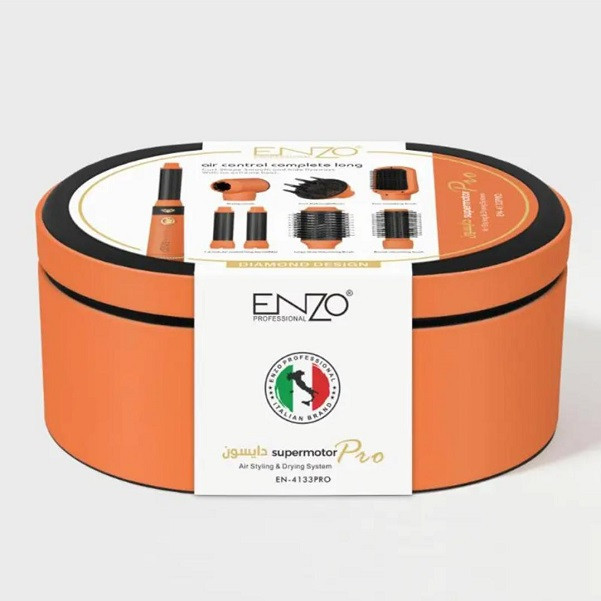 سشوار برس دار حالت دهنده انزو پروفیشینال مدل EN-4133 PRO با توان 1500 وات، موتور DC، تنظیمات دما سه حالته، تنظیم سرعت دو سرعته، فرکنندگی، صافکنندگی، خشککنندگی قوی، حجمدهندگی، همراه با سری شانهدار
