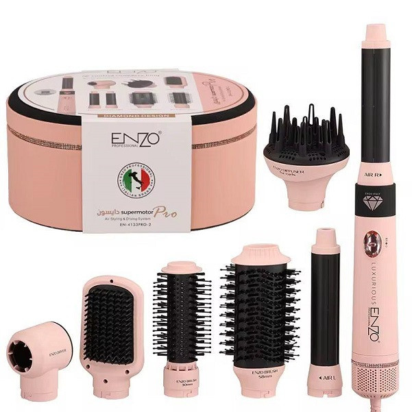 سشوار برس دار حالت دهنده انزو پروفیشینال مدل EN-4133 PRO با توان 1500 وات، موتور DC، تنظیمات دما سه حالته، تنظیم سرعت دو سرعته، فرکنندگی، صاف‌کنندگی، خشک‌کنندگی قوی، حجم‌دهندگی، همراه با سری شانه‌دار