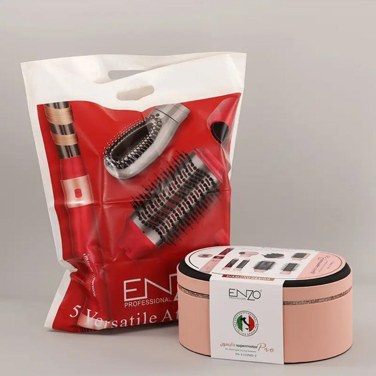 سشوار برس دار حالت دهنده انزو پروفیشینال مدل EN-4133 PRO با توان 1500 وات، موتور DC، تنظیمات دما سه حالته، تنظیم سرعت دو سرعته، فرکنندگی، صافکنندگی، خشککنندگی قوی، حجمدهندگی، همراه با سری شانهدار