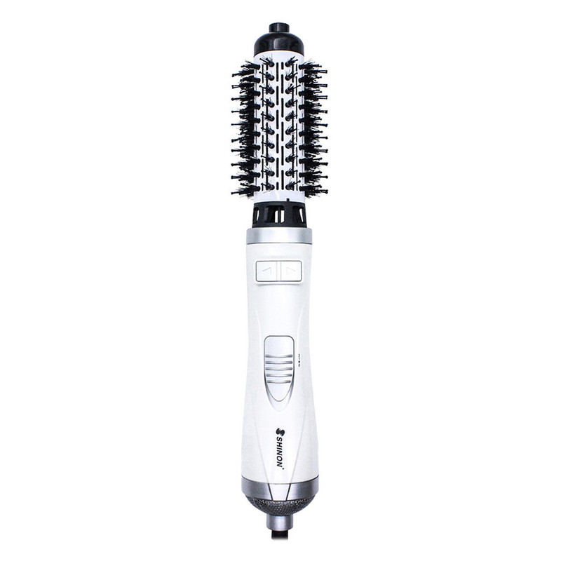 سشوار برسدار چرخشی 900 وات شینون مدل SH-8228، موتور AC، وزن 400 گرم، دارای سری برسدار گرد پهن با ویژگی صافکنندگی، حجمدهندگی، با قابلیت تنظیم دما، سیم گردان
