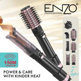 سشوار برسدار چرخشی انزو پروفیشینال مدل EN-760 7in1 با توان 1500 وات، موتور DC براشلس، تنظیمات دما و سرعت دو حالته، تکنولوژی آیونیک، سریهای متنوع و کیف نگهدارنده، مناسب استفاده خانگی و حرفهای