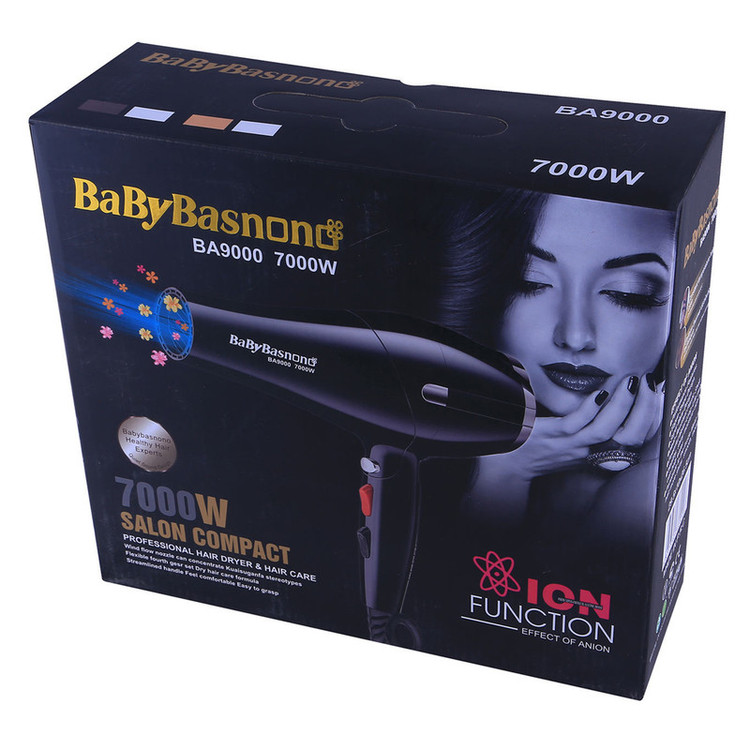 سشوار خانگی 7000 وات بیبی باس نانو مدل BA8960، موتور AC، وزن 700 گرم، دارای سری متمرکزکننده باریک، متمرکزکننده پهن با ویژگی صافکنندگی، حجمدهندگی، با قابلیت باد سرد، فناوری تولید یون