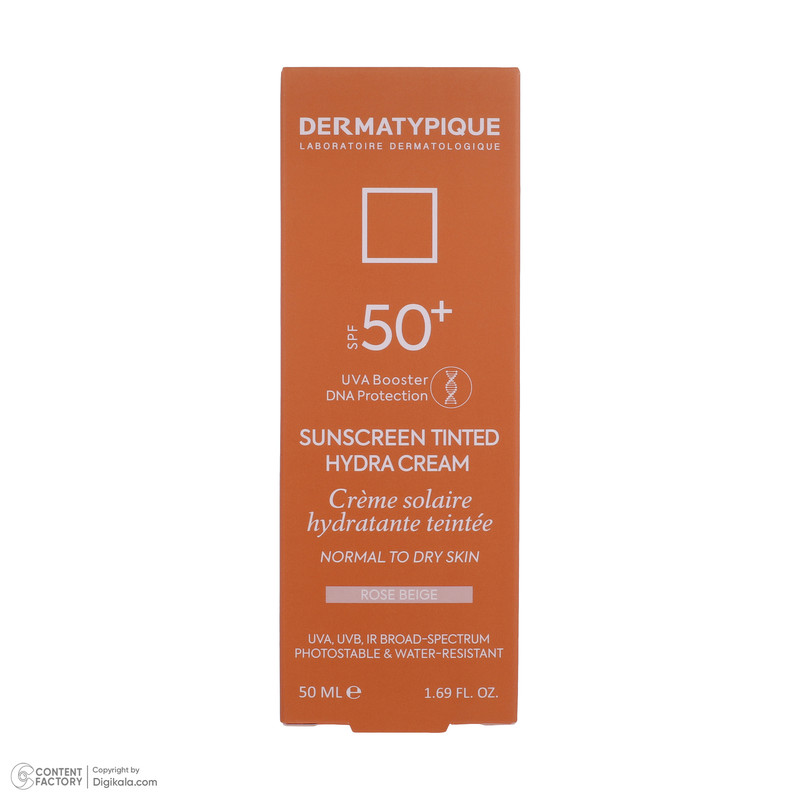 کرم ضد آفتاب رنگی درماتیپیک، 50 SPF، مدل هیدرا، مناسب پوست نرمال تا خشک تنالیته رنگ روشن و حجم 50 میلیلیتر، محافظت کننده در برابر اشعه UVA، UVB، IR، ضد آب، ضد خطوط ریز و پیری پوست، مرطوب کننده، التیامبخش، با ماندگاری 2 ساعته