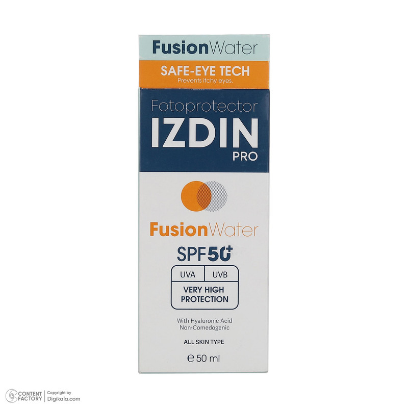 فلوئید ضد آفتاب بیرنگ صورت و گردن ایزدین پرو SPF 50 مدل Fusion Water محافظ در برابر اشعه UVA و UVB مناسب برای انواع پوست حجم 50 میلیلیتر