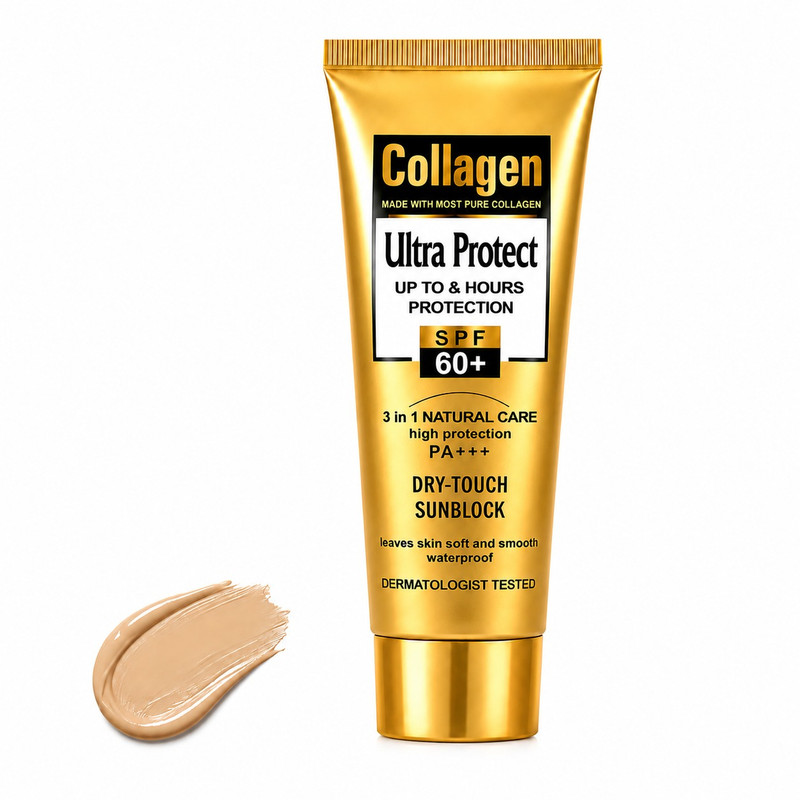 کرم ضد آفتاب رنگی کلاژن SPF60 مناسب دست و صورت مدل Ultra Protect محافظت کننده در برابر اشعه UVA و UVB مناسب برای انواع پوست‌ حجم 100 میلی لیتر