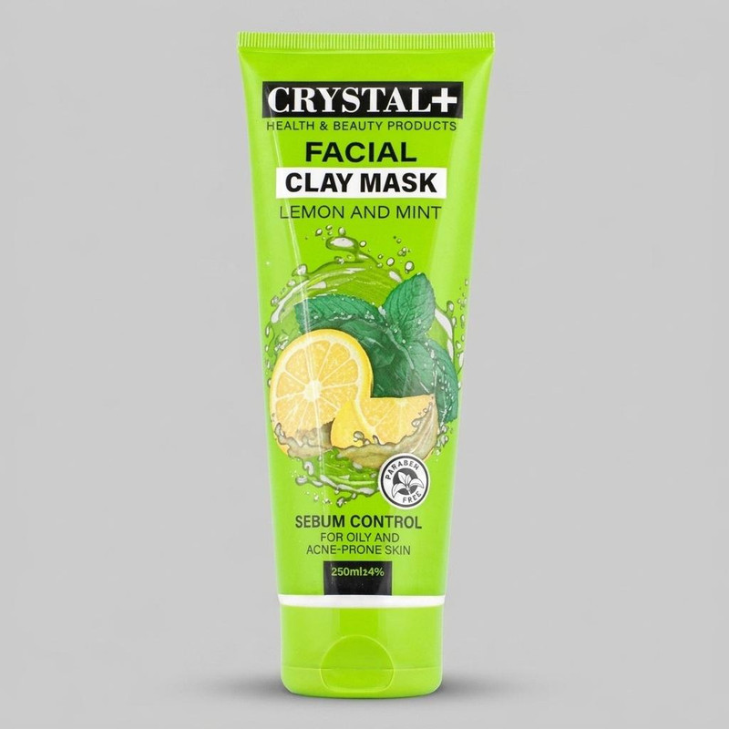 ماسک صورت کریستال مدل خاک رس، نعنا و لیمو حجم 250 میلی‌لیتر مناسب پوست چرب و مختلط، کنترل‌کننده سبوم، ضد آکنه، آرامش‌بخش، ترمیم‌کننده، بازسازی‌کننده و روشن‌کننده پوست، فاقد پارابن
