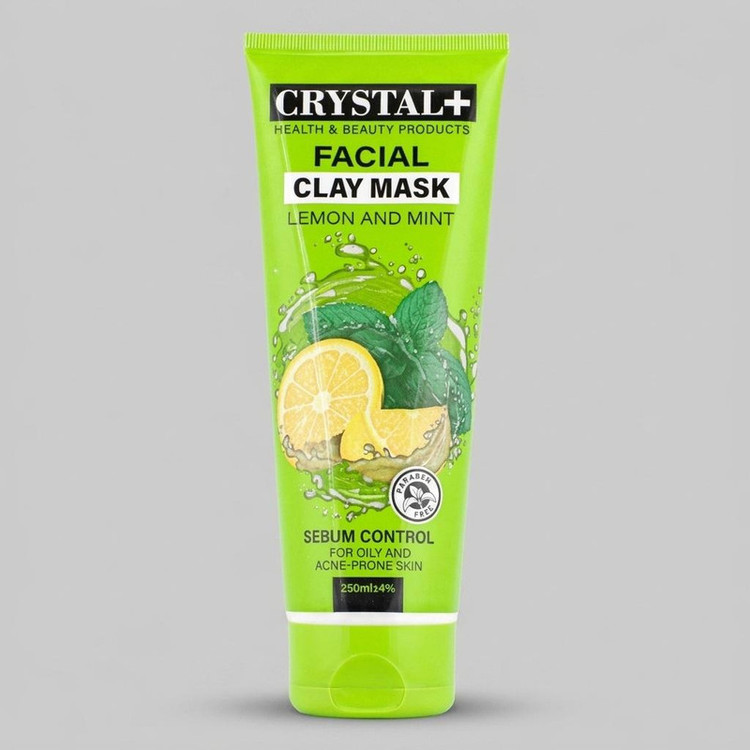 ماسک صورت کریستال مدل خاک رس، نعنا و لیمو حجم 250 میلیلیتر مناسب پوست چرب و مختلط، کنترلکننده سبوم، ضد آکنه، آرامشبخش، ترمیمکننده، بازسازیکننده و روشنکننده پوست، فاقد پارابن