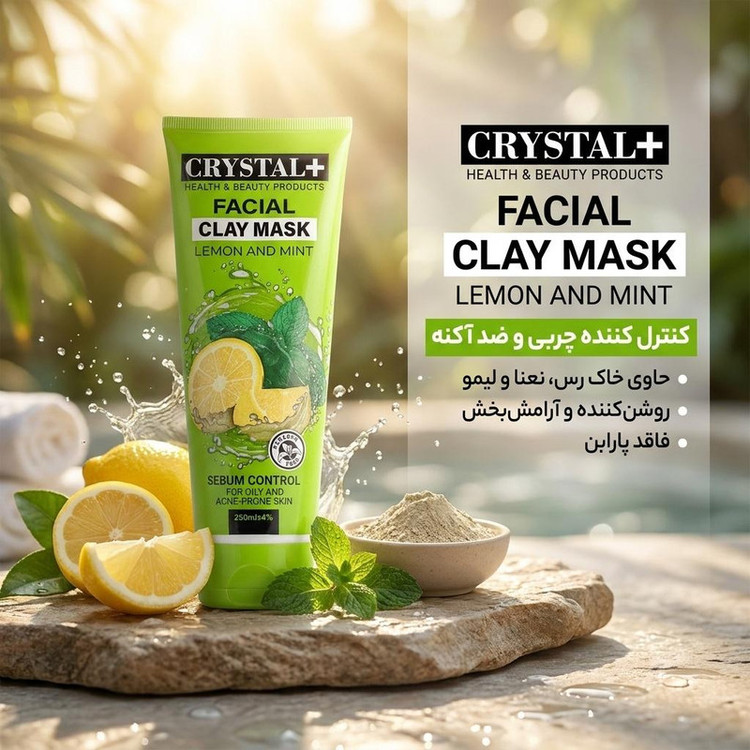 ماسک صورت کریستال مدل خاک رس، نعنا و لیمو حجم 250 میلیلیتر مناسب پوست چرب و مختلط، کنترلکننده سبوم، ضد آکنه، آرامشبخش، ترمیمکننده، بازسازیکننده و روشنکننده پوست، فاقد پارابن