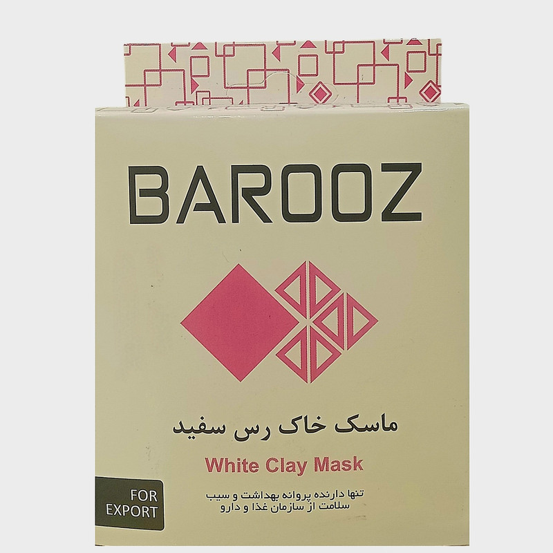 ماسک خاک رس سفید باروز مدل پودری مناسب انواع پوست، ضد جوش، ضد باکتری، شفافکننده، روشنکننده، درخشانکننده، جوانکننده، تقویتکننده، تنظیمکننده چربی وزن 100 گرم
