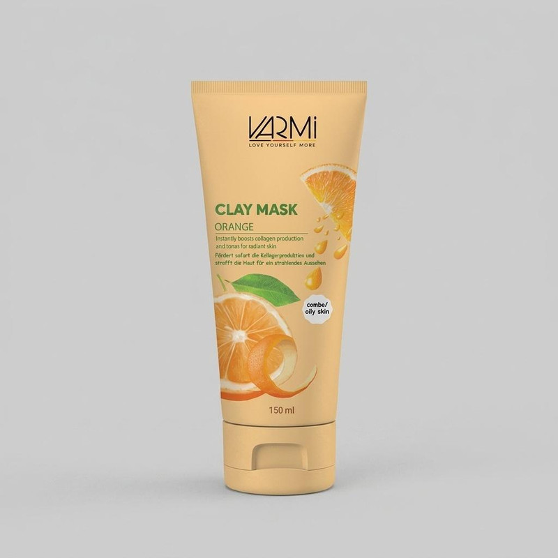 ماسک صورت خاک رسی پرتقال وارمی مدل Clay Mask حجم 150 میلی‌لیتر ضد جوش و آکنه، سم‌زدای عمقی، حاوی کپسول ویتامین C، روشن‌کننده و سفت‌کننده پوست، مناسب پوست چرب و مختلط