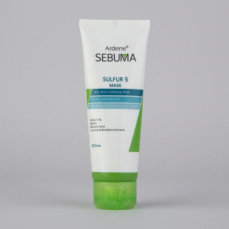 ماسک صورت آردن سبوما مدل Sulfur 5 حجم 75 میلیلیتر مناسب پوست مختلط با خاصیت ضد جوش، پاکسازی منافذ، جذب چربی اضافه، التیامدهنده و بازسازیکننده پوست، حاوی عصاره لیکوریس، چای سبز و آویشن