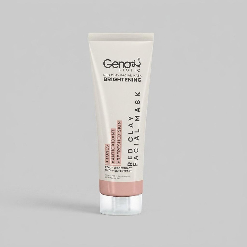 ماسک صورت و گردن روشن‌کننده و لایه‌بردار خاک رس قرمز ژنوبایوتیک مدل Red Clay حجم 100 میلی‌لیتر با عصاره برگ هلو و خیار، آنتی‌اکسیدان و از بین برنده تیرگی و لکه، مناسب انواع پوست